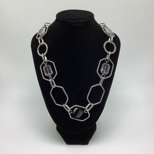 Lia Sophia Vault Silver Tone Link Necklace w/ lavender, clear & black beads Adju